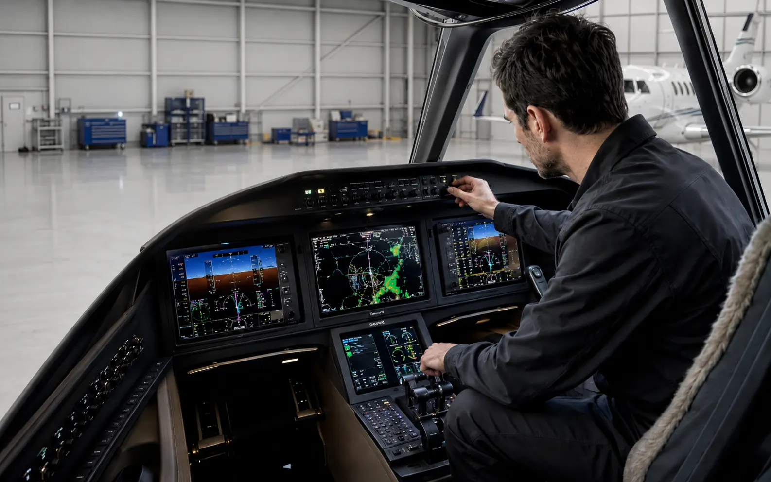 Newly installed cockpit avionics displays powered on during final checks