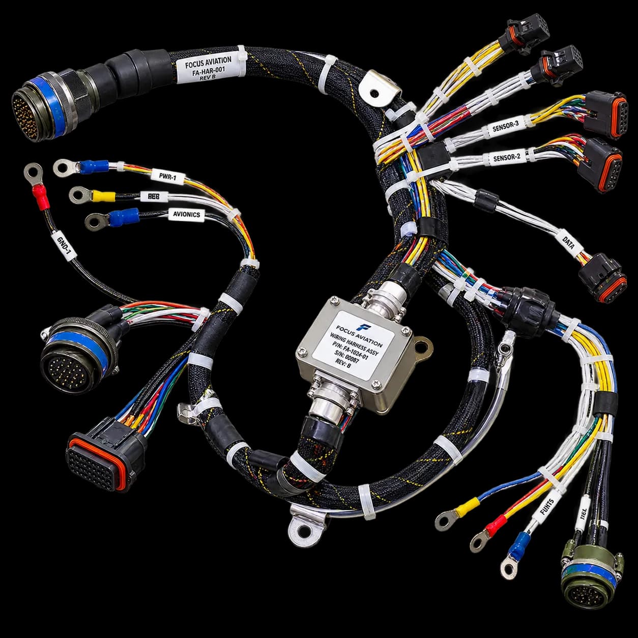 Bundled aircraft wiring harness with labelled connectors, isolated